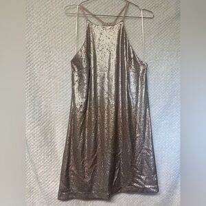 Halston Heritage Gold Sequin Mini Dress Halter Top Sleeveless Sz 12